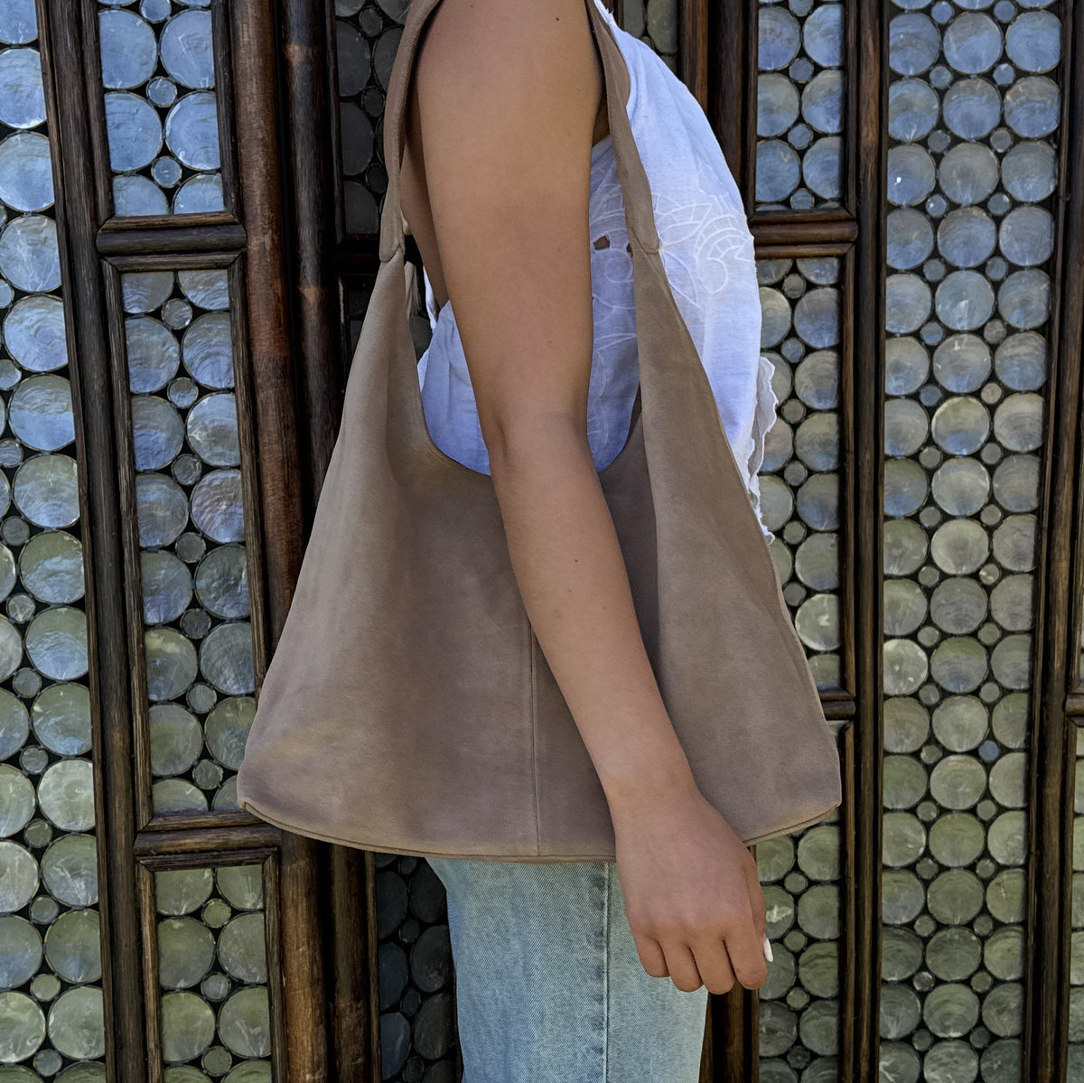 Large Beige suede shoulder bag