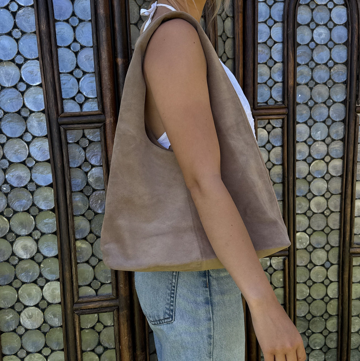 Beige suede shoulder bag