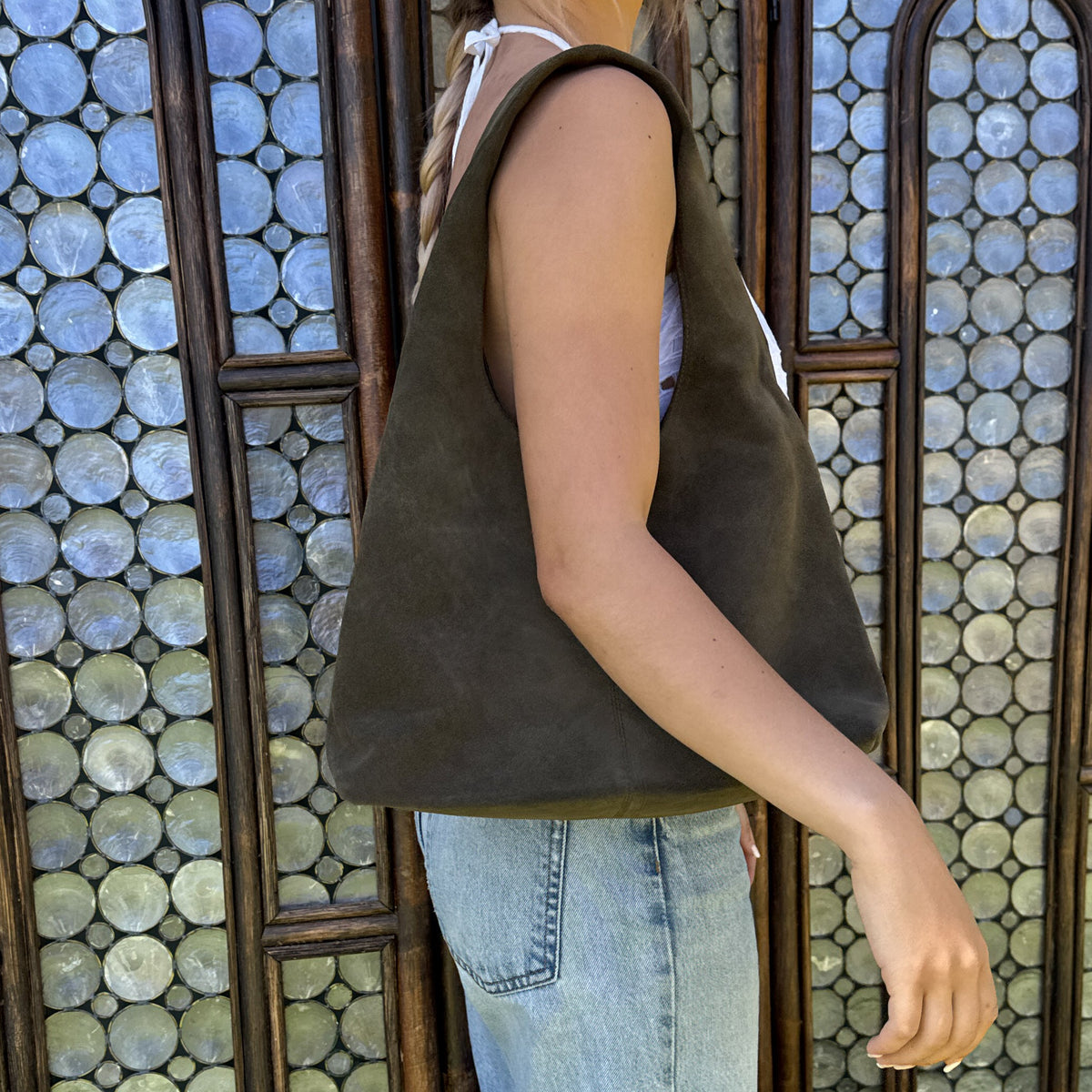 Olive suede shoulder bag